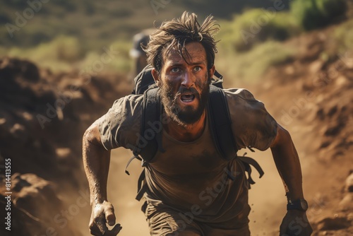 Midaction photo of a thirtyyearold man making a challenging uphill jog on a rugged trail, displaying strength and determination against nature photo