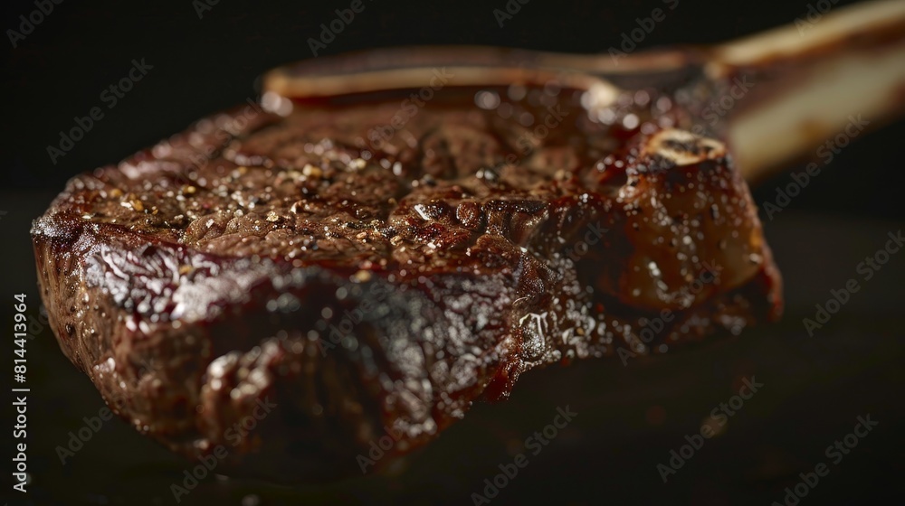 Close-up of a Tomahawk steak, cooked rare, showcasing the juicy red center and charred edges, perfect for advertising, under studio lighting Close-up of a Tomahawk steak, cooked rare, showcasing the juicy red center and charred edges, perfect for advertising, under studio lighting