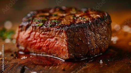 Close-up of a perfectly cooked rare sirloin steak, showcasing the juicy interior and seared exterior, ideal for advertising, studio lighting