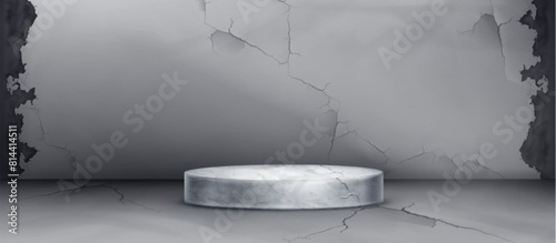 Grey cement wall and marble podium in 3d room. Dark concrete gallery studio with platform on floor for product display. Minimal showroom space with rough mortar interior and empty cylinder pedestal