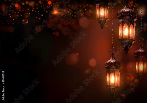 Eid Al Adha Mubarak greetings with Islamic lanterns hanging on dark background, copy space, Islam Religion
