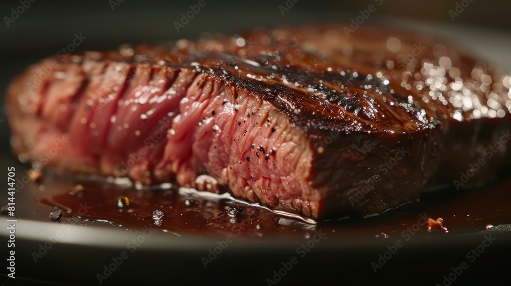 Close-up of a medium-rare Top Blade steak, beautifully seared and juicy, captured under studio lighting for maximum appeal Close-up of a medium-rare Top Blade steak, beautifully seared and juicy, captured under studio lighting for maximum appeal