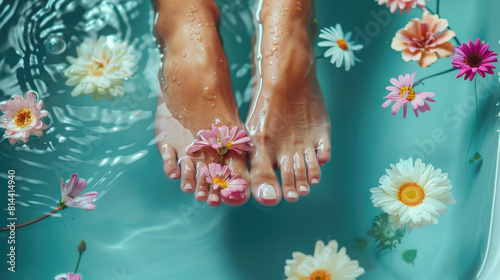 Women's feet in the water with flower petals.