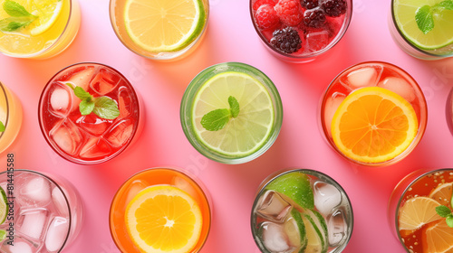 Assorted colorful cocktail drinks with fruit garnishes on a pink background.