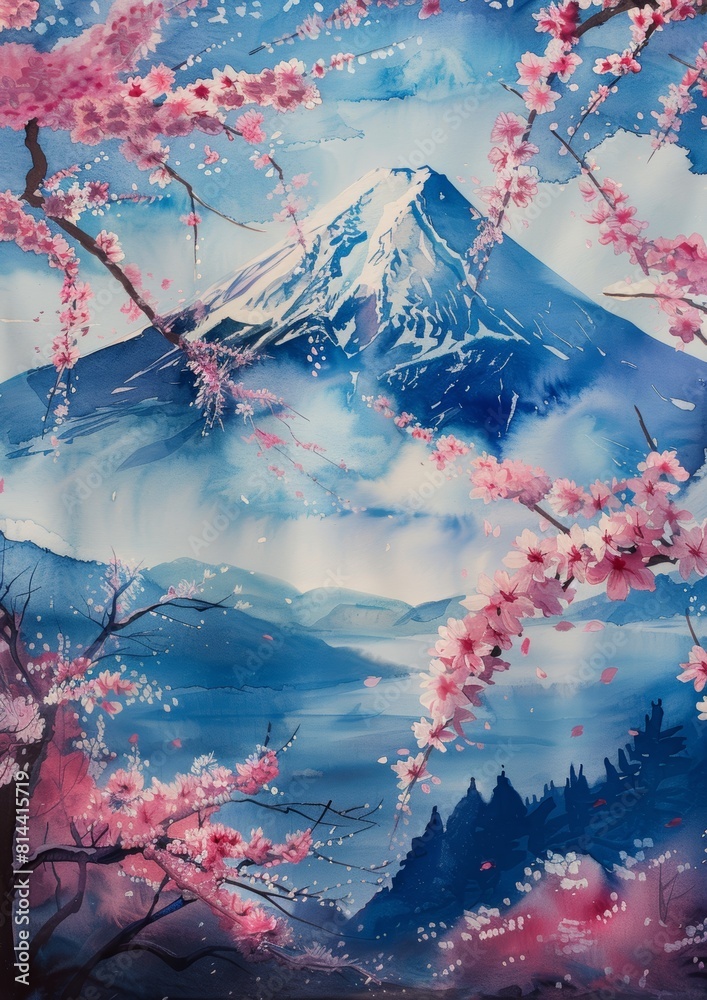 Serenity Scene with Cherry Blossoms and Mountain Landscape Generative AI