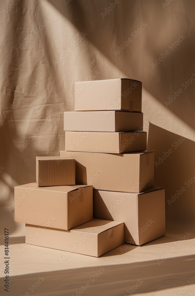 Obraz premium A stack of cardboard boxes on a light brown background 