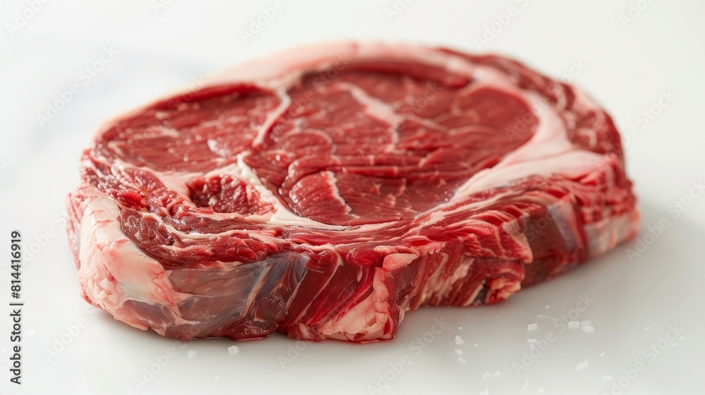Close-up of a fresh raw Rib Eye steak, showcasing marbling and texture, isolated background with studio lighting for advertising clarity Close-up of a fresh raw Rib Eye steak, showcasing marbling and texture, isolated background with studio lighting for advertising clarity
