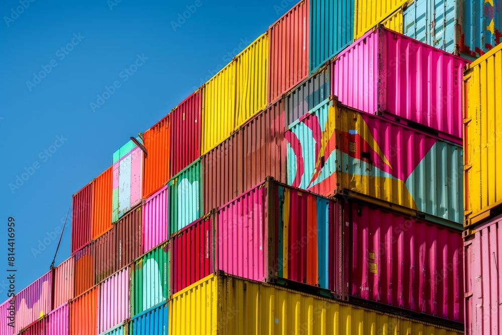 Fototapeta premium A vibrant and colorful composition of stacked shipping containers against the clear blue sky