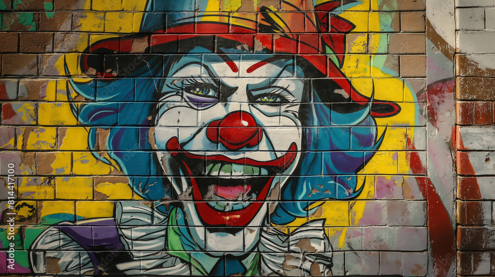 Obraz premium Pop art comic street graffiti with a clown on a brick wall. Fantastic background. 