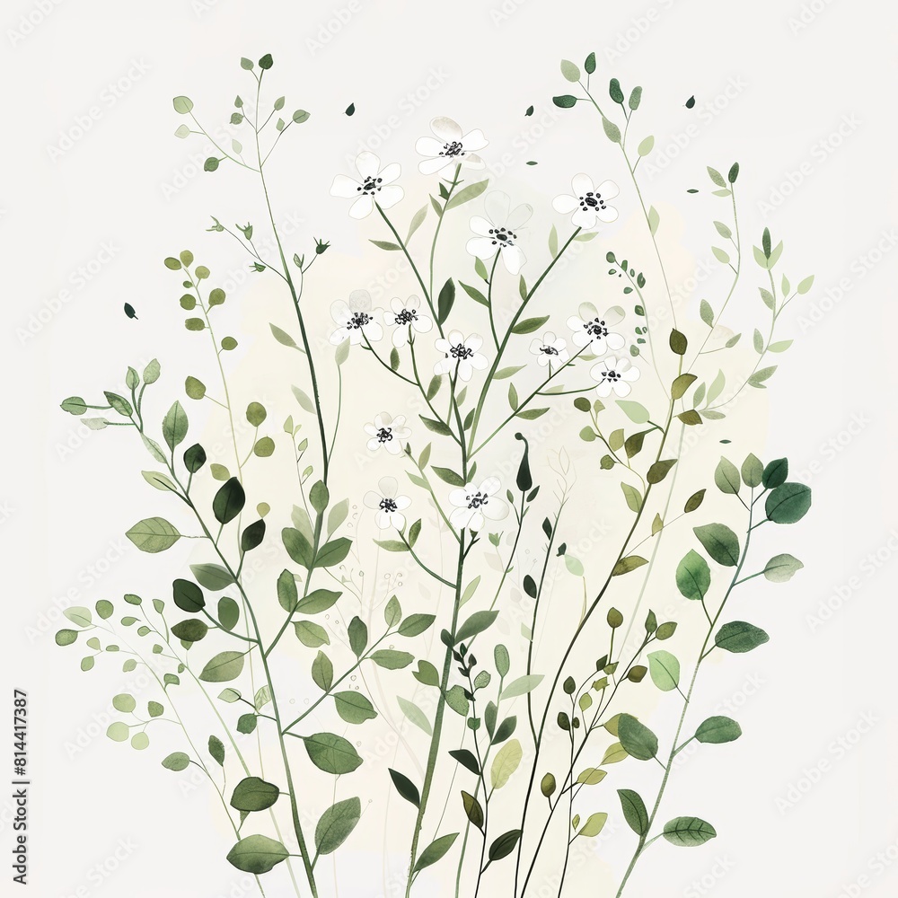 Botanical Book Illustration of White and Green Flowers Generative AI