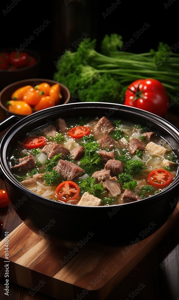 Beef soup in wooden bowl