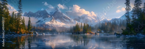 Mountain valley with snow, forest and lake at foot, Rocks are reflected in river, Melting glacier on slopes of ridge, Dawn clouds foreshadow precipitation realistic nature and landscape