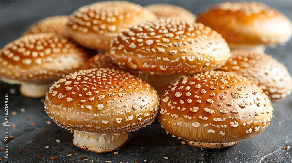   A pile of sesame seed bagels sits atop a black counter, accompanied by another stack