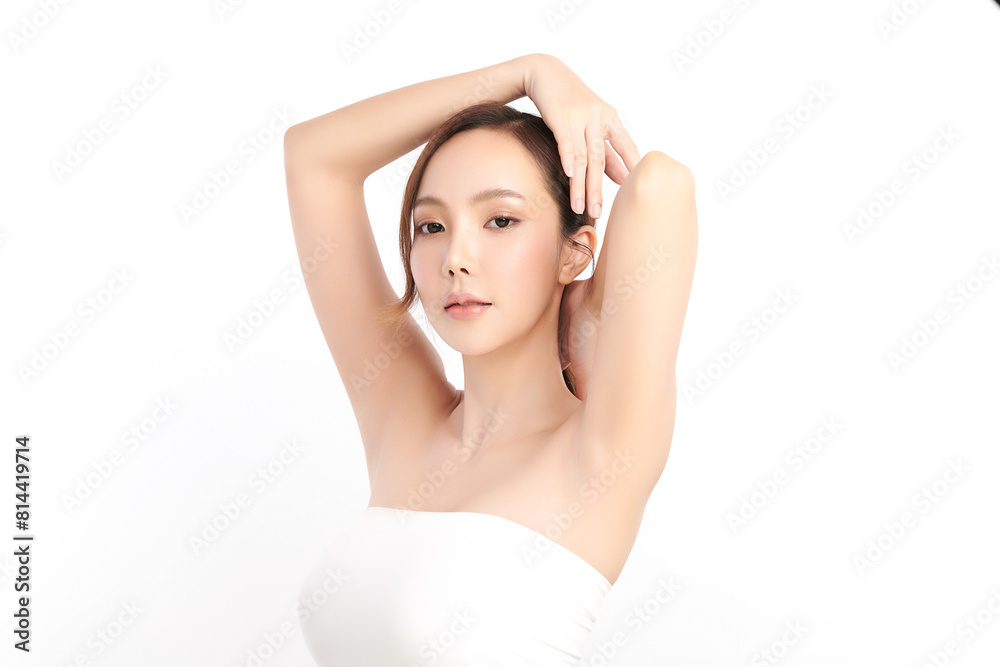 Beautiful Young Asian woman lifting hands up to show off clean and hygienic armpits or underarms on white background, Smooth armpit cleanliness and protection concept Beautiful Young Asian woman lifting hands up to show off clean and hygienic armpits or underarms on white background, Smooth armpit cleanliness and protection concept
