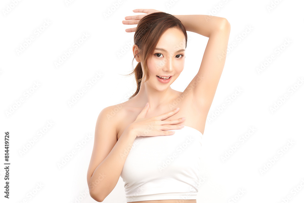 Beautiful Young Asian woman lifting hands up to show off clean and hygienic armpits or underarms on white background, Smooth armpit cleanliness and protection concept Beautiful Young Asian woman lifting hands up to show off clean and hygienic armpits or underarms on white background, Smooth armpit cleanliness and protection concept