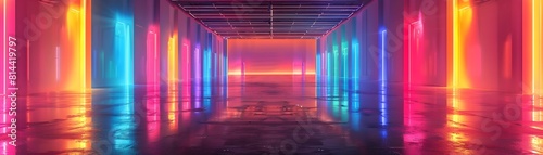 Dynamic Neon Art Exhibition with Glowing Sculptural Installations in a Vibrant Futuristic Corridor Backdrop