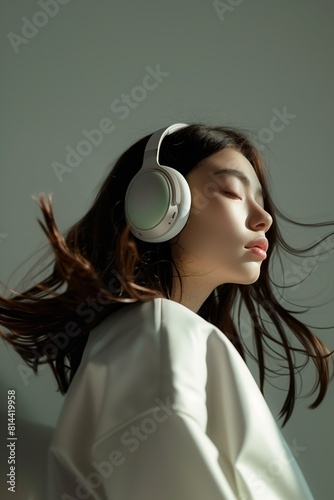 Beauty asian woman with her eyes closed enjoying the music wearing headphones in soft and plain grey background
