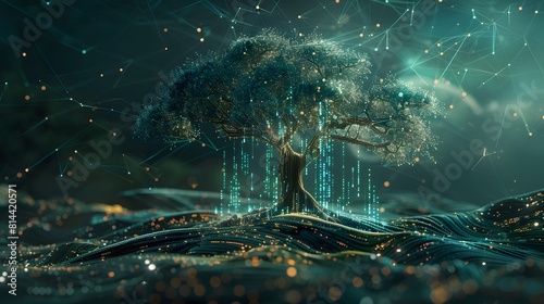 A digital illustration of a tree with branches seamlessly integrated into a complex cyber data network