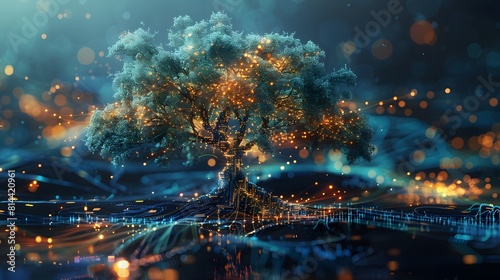 A digital illustration of a tree with branches seamlessly integrated into a complex cyber data network