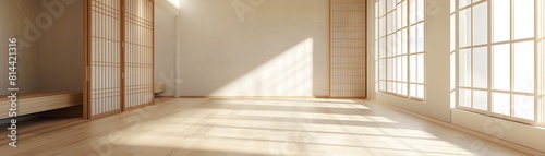 Minimalist Japandi empty room, light wood, 3D render, indirect soft lighting photo