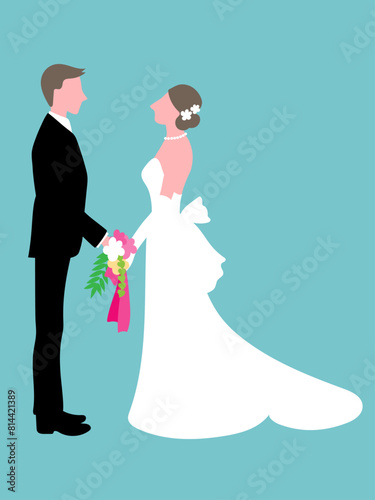 見つめ合い手と手を取り合う新郎と新婦のベクターイラストレーション