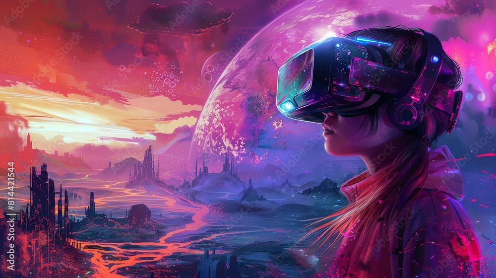 Obraz premium Young girl in VR gear in metaverse landscape, front view, digital exploration, technology tone, Triadic Color Scheme