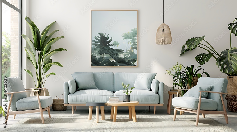 interior design with mock up poster pastel colored interior decoration and plants