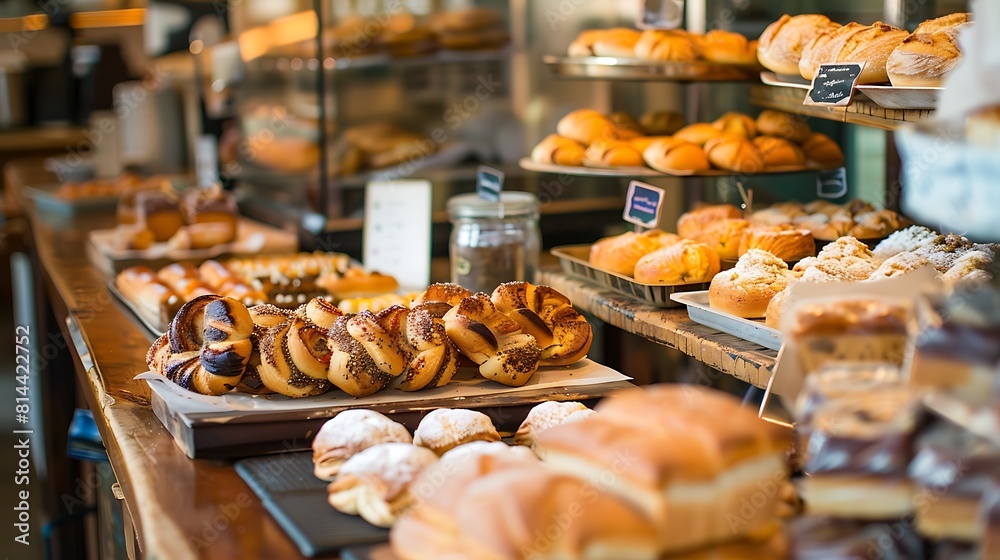 Interior of a local coffee shop bakery counter with freshly baked food displayed for selling Interior of a local coffee shop bakery counter with freshly baked food displayed for selling