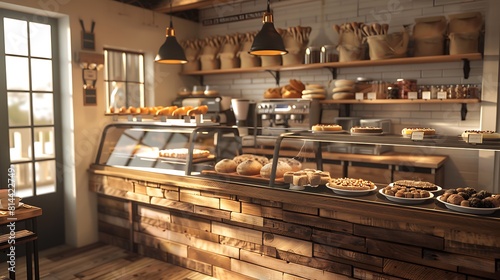 Interior of a local coffee shop bakery counter with freshly baked food displayed for selling
