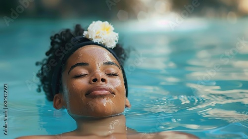 Young black african american woman relaxing in water with a skincare clay mud face mask, blue lagoon geothermal spa, ai generated © Amer