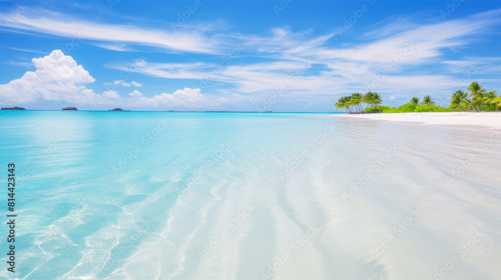 Beach with white sand and azure blue water on the island. Beach with white sand and azure blue water on the island.