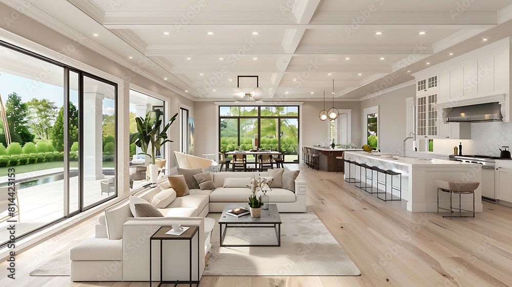 Fototapeta premium kitchen and living room in newly constructed luxury home