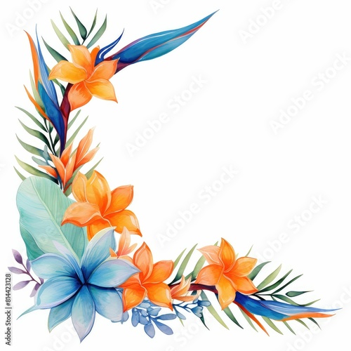 bird of paradise themed frame or border for photos and text.featuring exotic orange and blue flowers. watercolor illustration, flowers frame, botanical border,  tropical wreath bird of paradise.