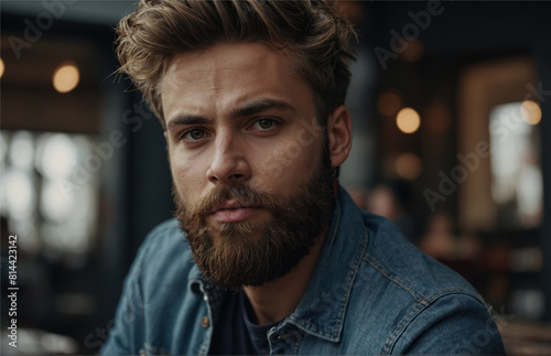 A striking young man with a well-groomed beard, dressed in casual yet fashionable clothing, captured in beautiful cinematic shots, Generative AI