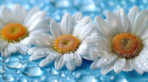   Three white daisies on a blue surface  surrounded by water droplets  and a golden center at their core