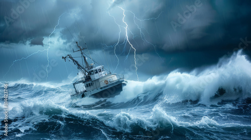 A small southern European style fishing boat caught in rough seas, with high waves and a storm
 photo