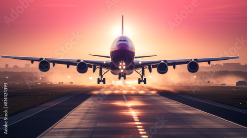 A passenger plane flying in the colorful sky. Aircraft takes off from the airport runway during the sunset. photo