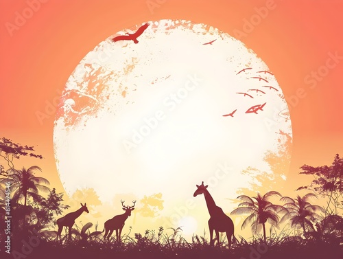 Stunning African safari themed frame with silhouettes of wild animals against a vibrant sunset landscape