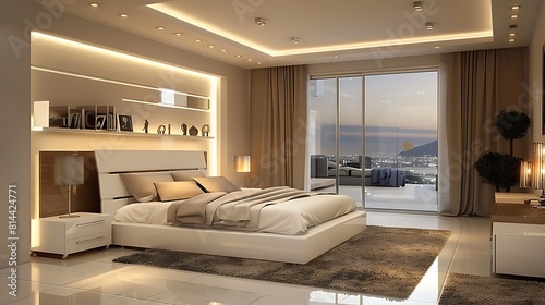 Modern master bedroom design with lighting effects decoration Using white color cabinet furnishing in the room include bed frame headboard panel and wardrobe cabinet