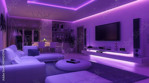 Modern room lot of led lights white furniture and purple walls