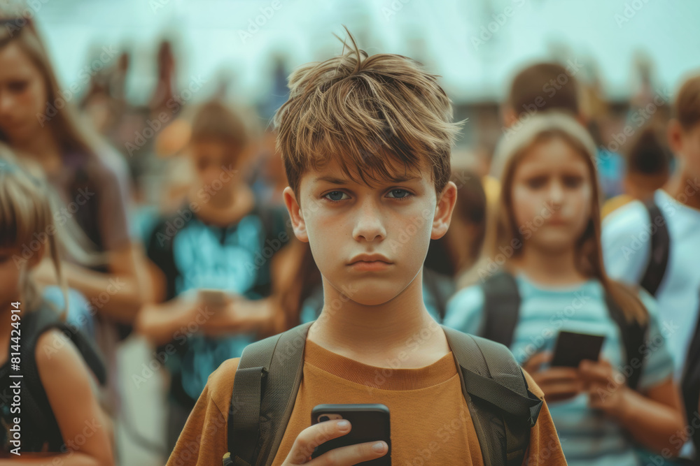Fototapeta premium boy holding smartphone and standing in crowd of children who look at mobile phones. Concept of gadget addiction