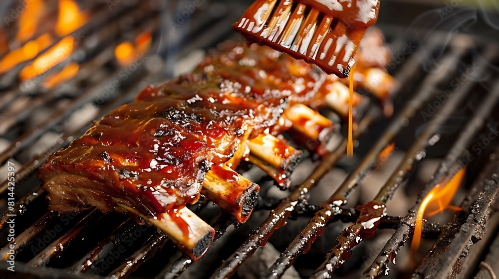 Pork ribs on a charcoal barbecue grill getting smeared with gravy using a grill brush Pork ribs on a charcoal barbecue grill getting smeared with gravy using a grill brush