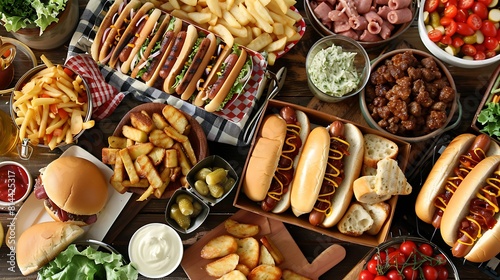 Picnic cheeseburgers hotdogs and large assortment of side items
