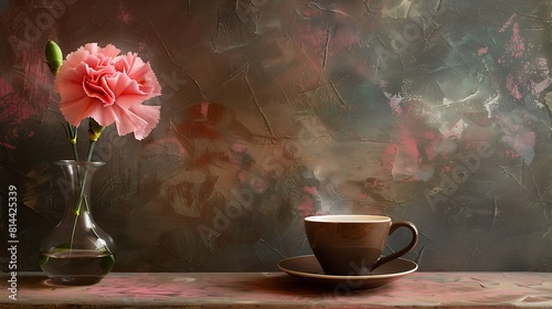 Pink carnation flower in vase with cup of coffee