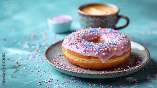  Donut w/pink icing & sprinkles on plate beside a cup of joe photo
