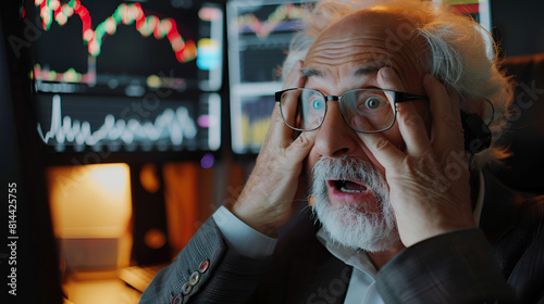 retired bear bearish in panic market senior panicking recession stock investor financial crisis man watching market slumping plunging digital stressed at stocks crashing pensioner photo