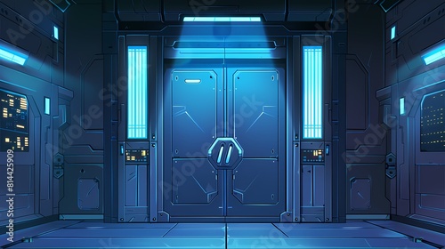 Closed door of sliding spaceship with blue lights