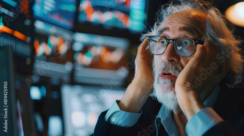 in bearish senior digital investor watching stocks recession at man bear stock panicking crisis panic pensioner slumping stressed market financial retired plunging crashing market