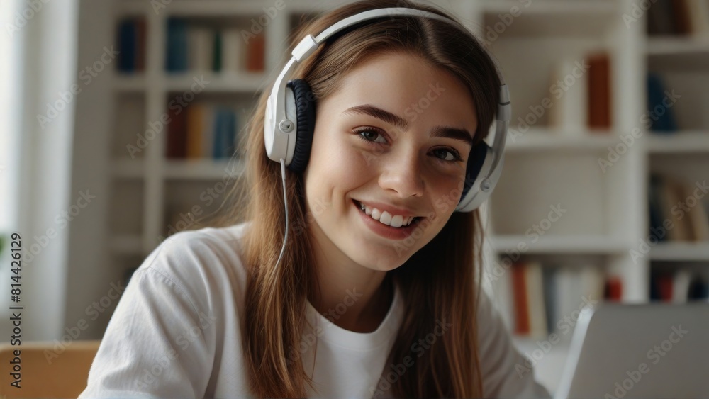 Close up of happy female student engages in online education, wearing headphones while working on a laptop in a well-lit room with bookshelves in the background white room Close up of happy female student engages in online education, wearing headphones while working on a laptop in a well-lit room with bookshelves in the background white room