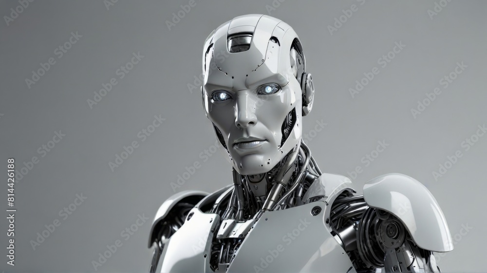 Silver modern male robot android on white background, copy text, banner Silver modern male robot android on white background, copy text, banner